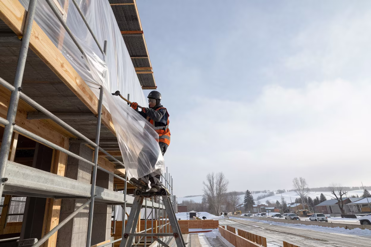 Jackhammer Cart on Scaffolded Facade in Winter in along a scaffolded facade near Edmonton
