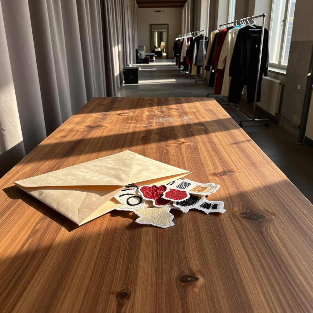 Jacquard Snippets Spill on Walnut Table Backstage in in a backstage changing corridor near Modena