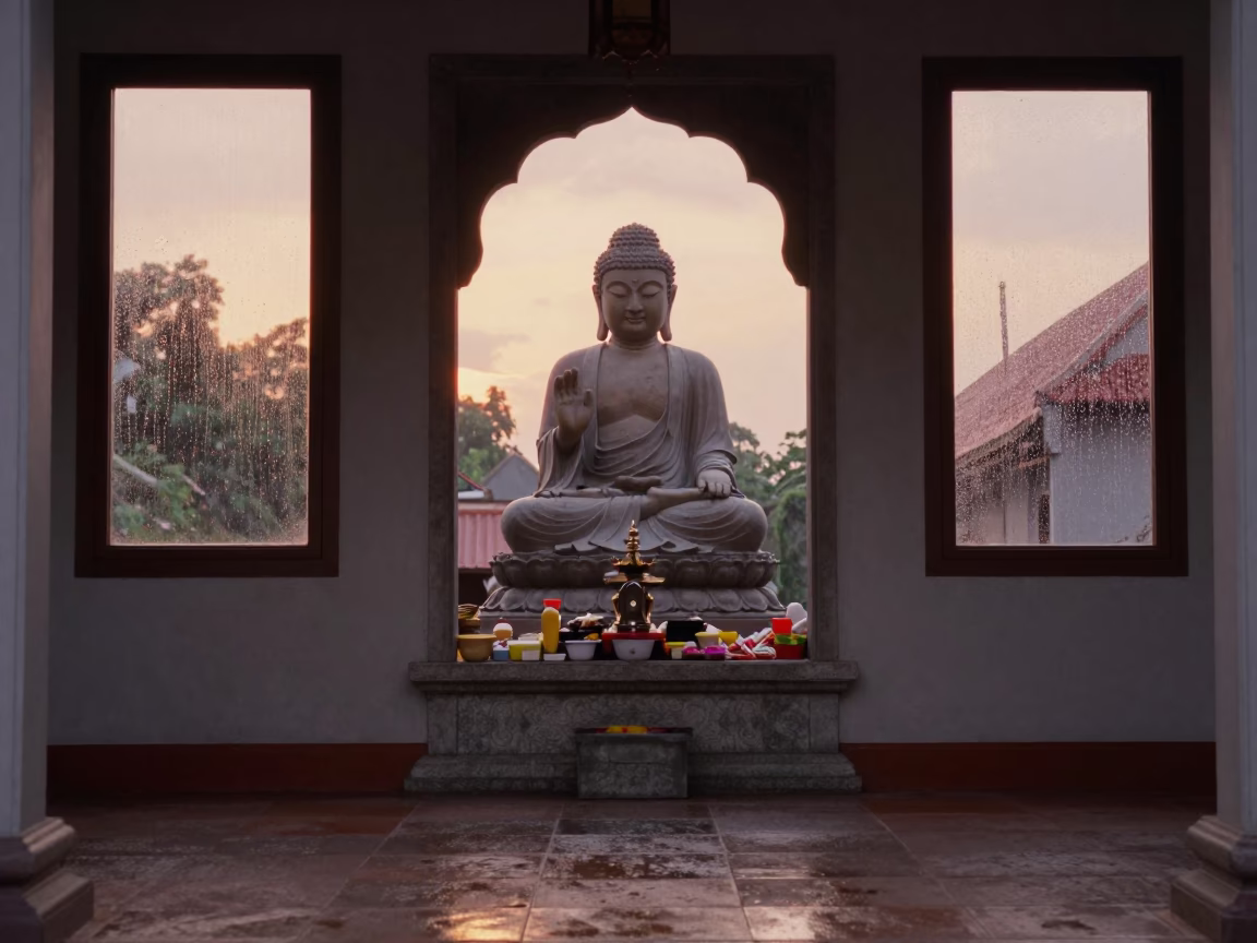 Jade Buddha in Malacca Temple Rainy Light in at the foot of a stone altar in Malacca