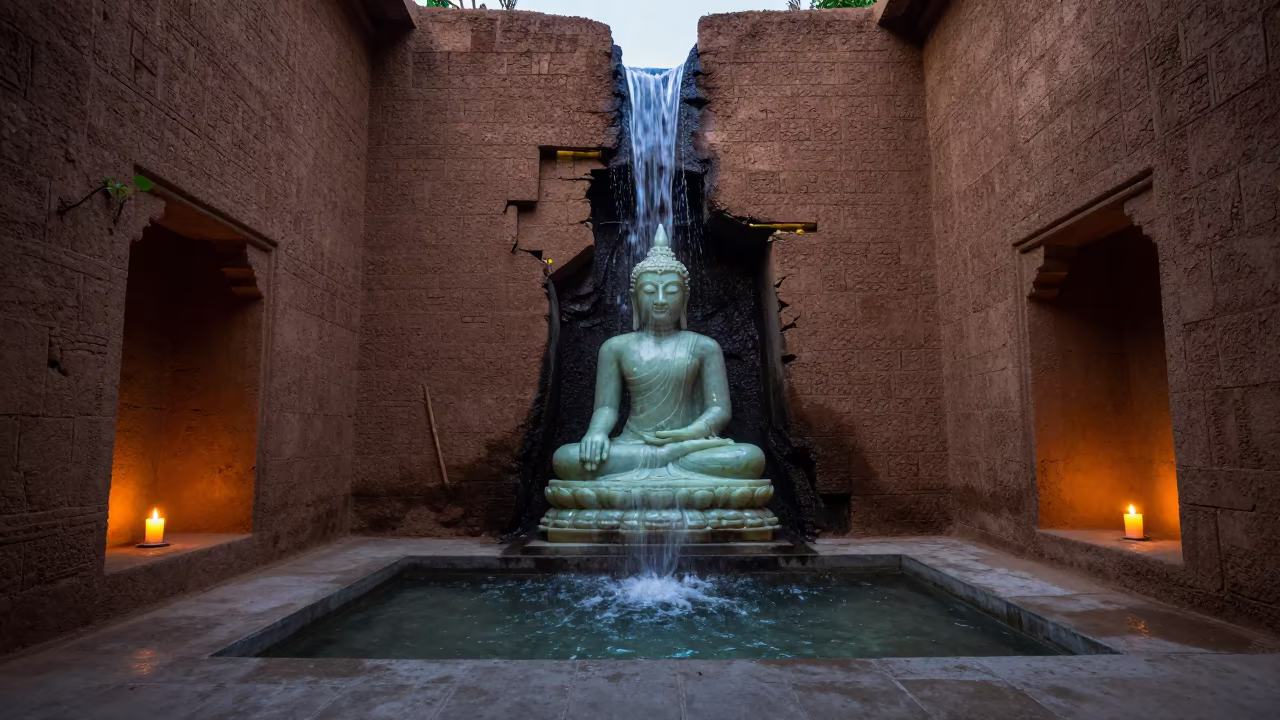 Jade Buddha Statue in Candlelit Korhogo Nave in inside a candlelit nave in Korhogo