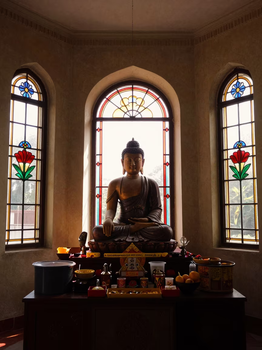 Jade Buddha Statue Silhouetted in Ghaziabad Chapel in in a chapel lit by stained glass in Ghaziabad