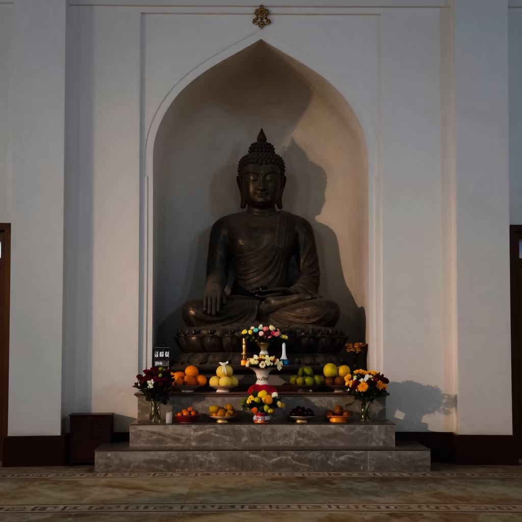 Jade Buddha Statue Silhouetted in Mosque at Midnight in in a mosque prayer hall in Tocuyito