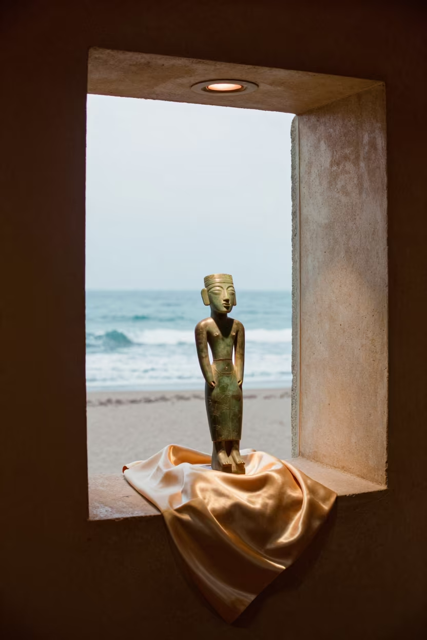 Jade Figurine Ocean Doorway Mekele Museum in on a painted display ledge in Mekele