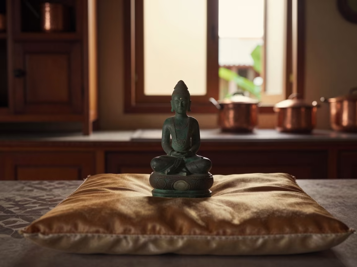 Jade Figurine on Silk Cushion Battambang Kitchen in in a cozy kitchen in Battambang