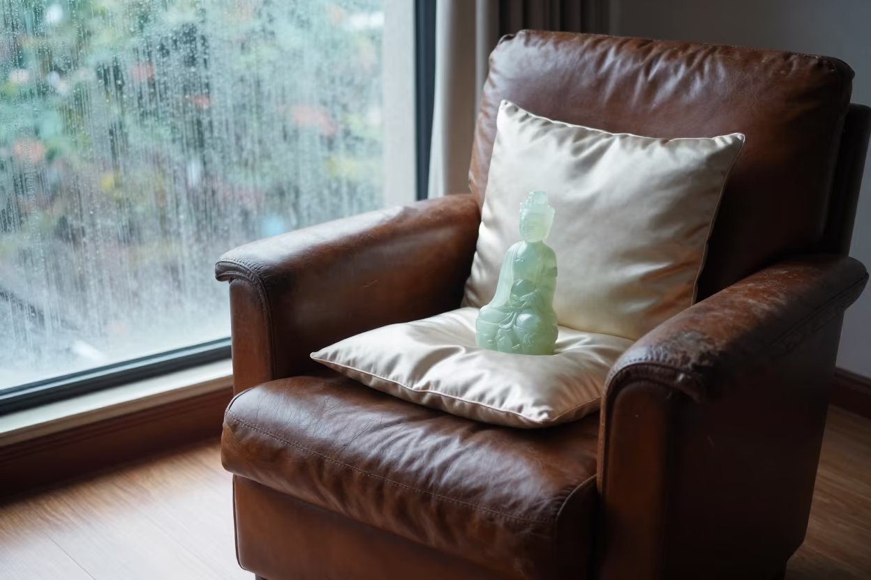Jade Figurine on Silk Cushion in Chongqing in on a worn leather armchair in Chongqing