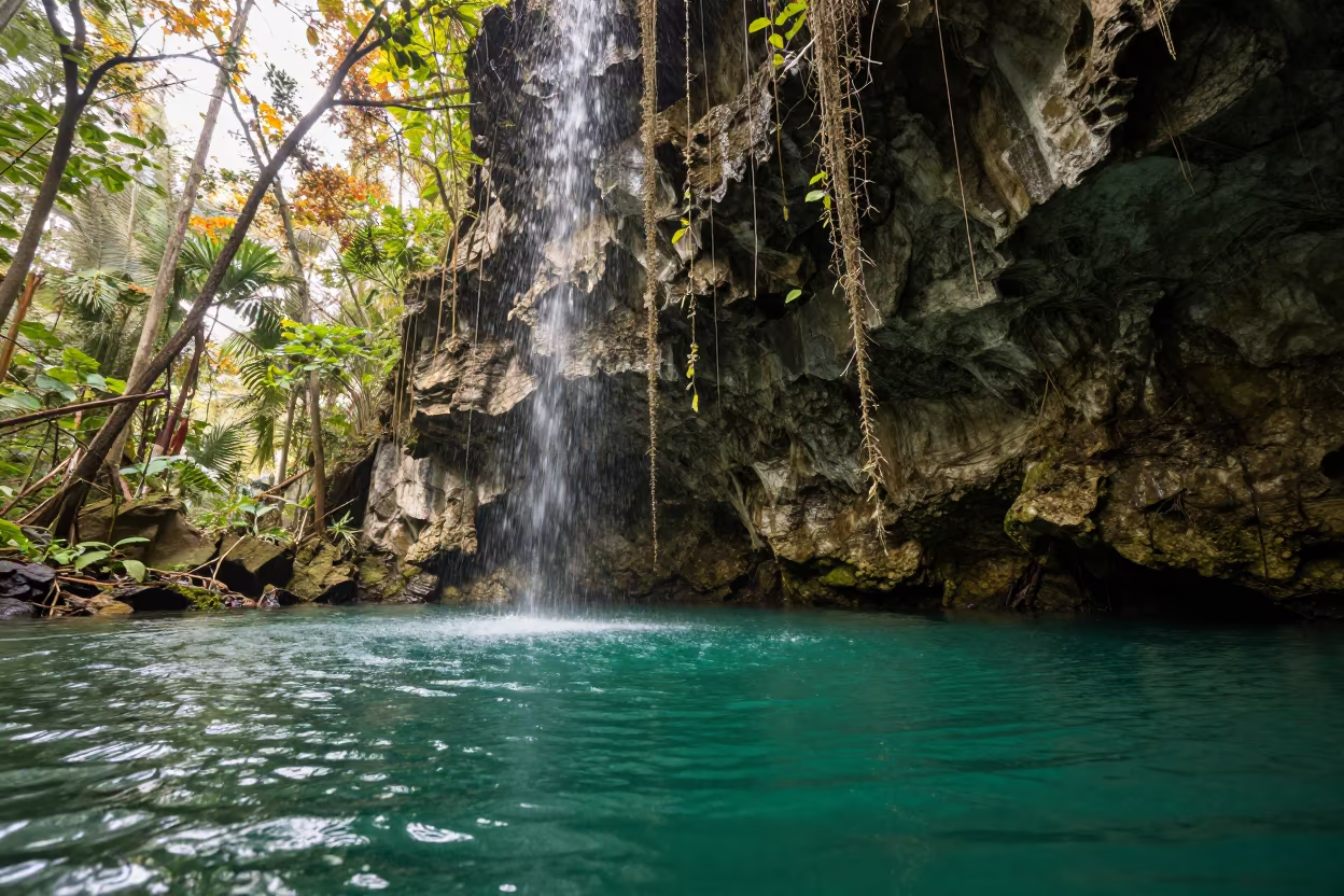 Jade Green Cenote Water Hanging Vines Bernal in across a floodplain after rain near Bernal