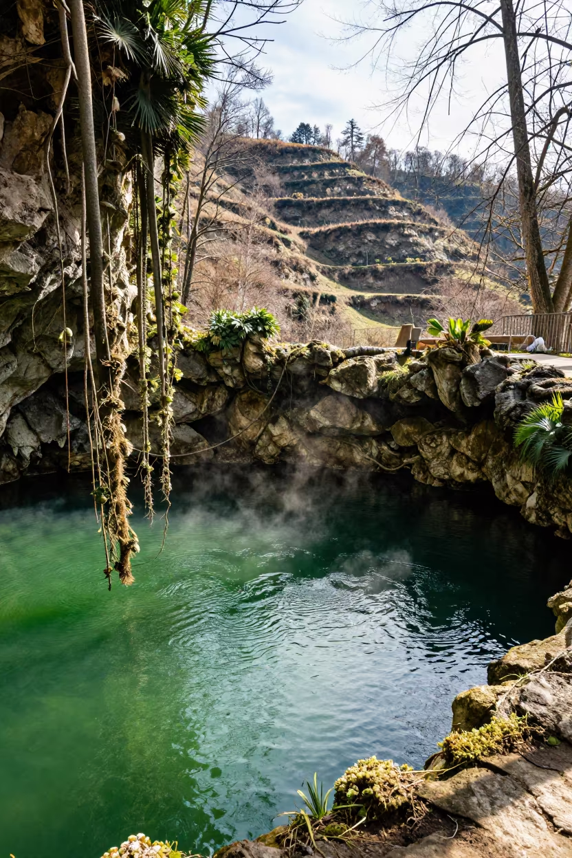 Jade Green Cenote Ridge Winter Midday in from a ridge above layered foothills near Stuttgart