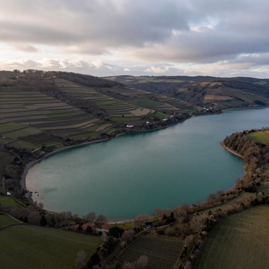 Jade Lagoon Above Burgundy Hills Aerial View in far above terraced hillsides in Burgundy