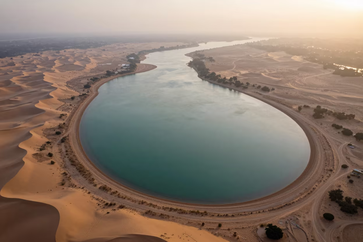 Jade Lagoon Aerial View Sunset Mist Dunes in above dune fields and dry wadis near Bilaspur