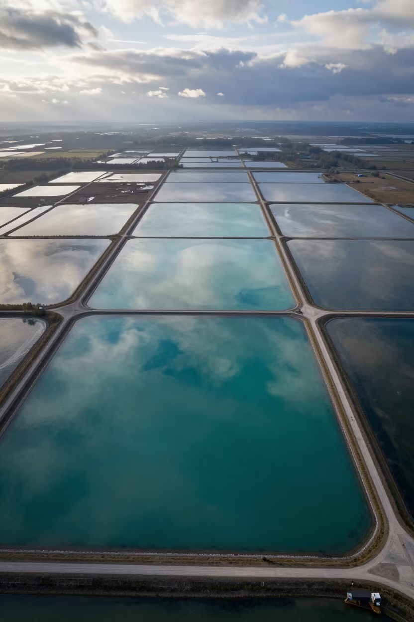 Jade Lagoon Salt Ponds Czech Aerial in high over salt ponds and causeways in Czech Republic