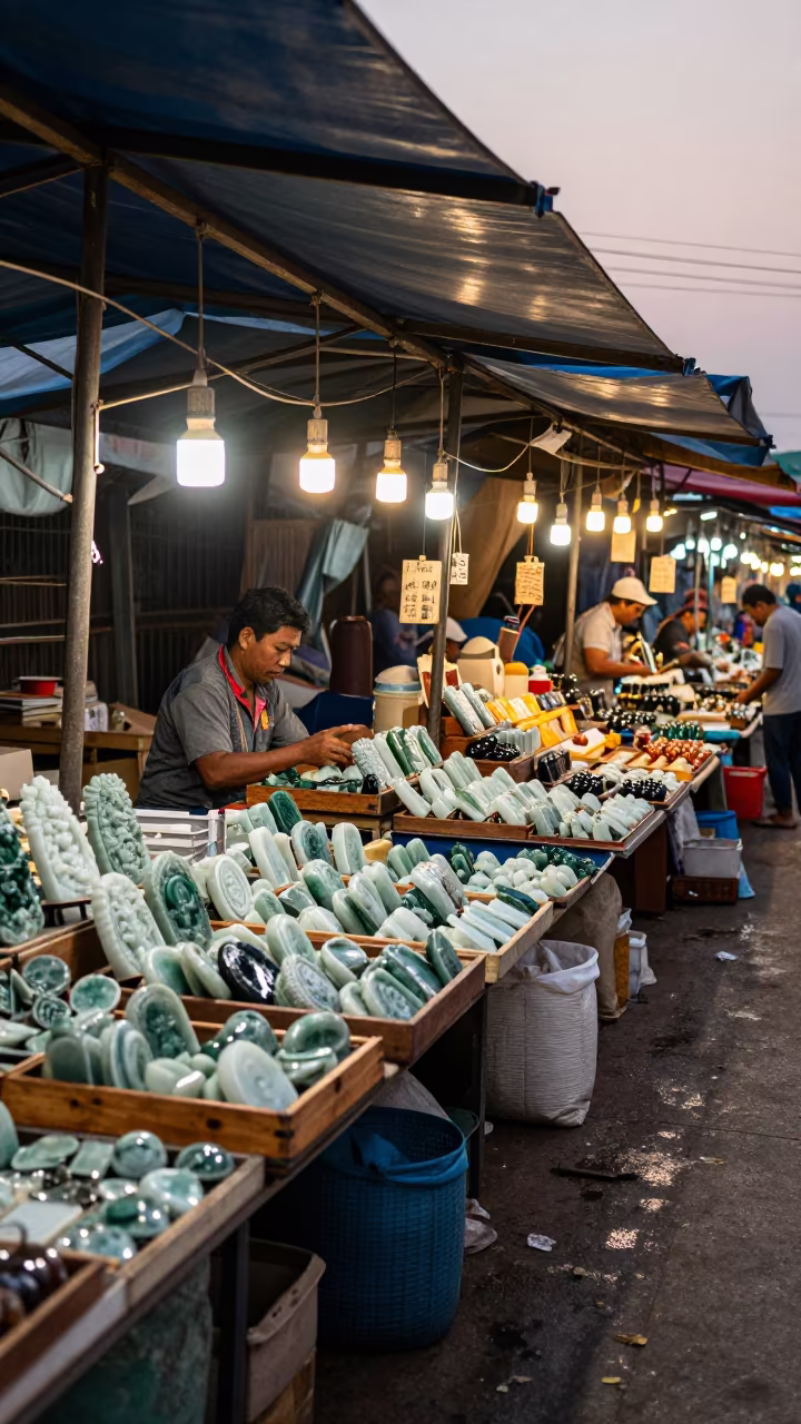 Jade Vendor Display Under Market Canopy Yangon in under a market canopy in Kandawgyi, Yangon