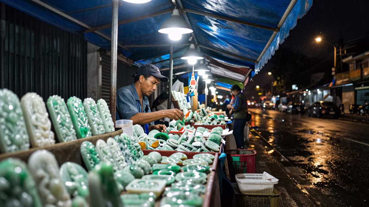 Jade Vendor Displaying Carved Stones Night Market in under a market canopy in Yangon