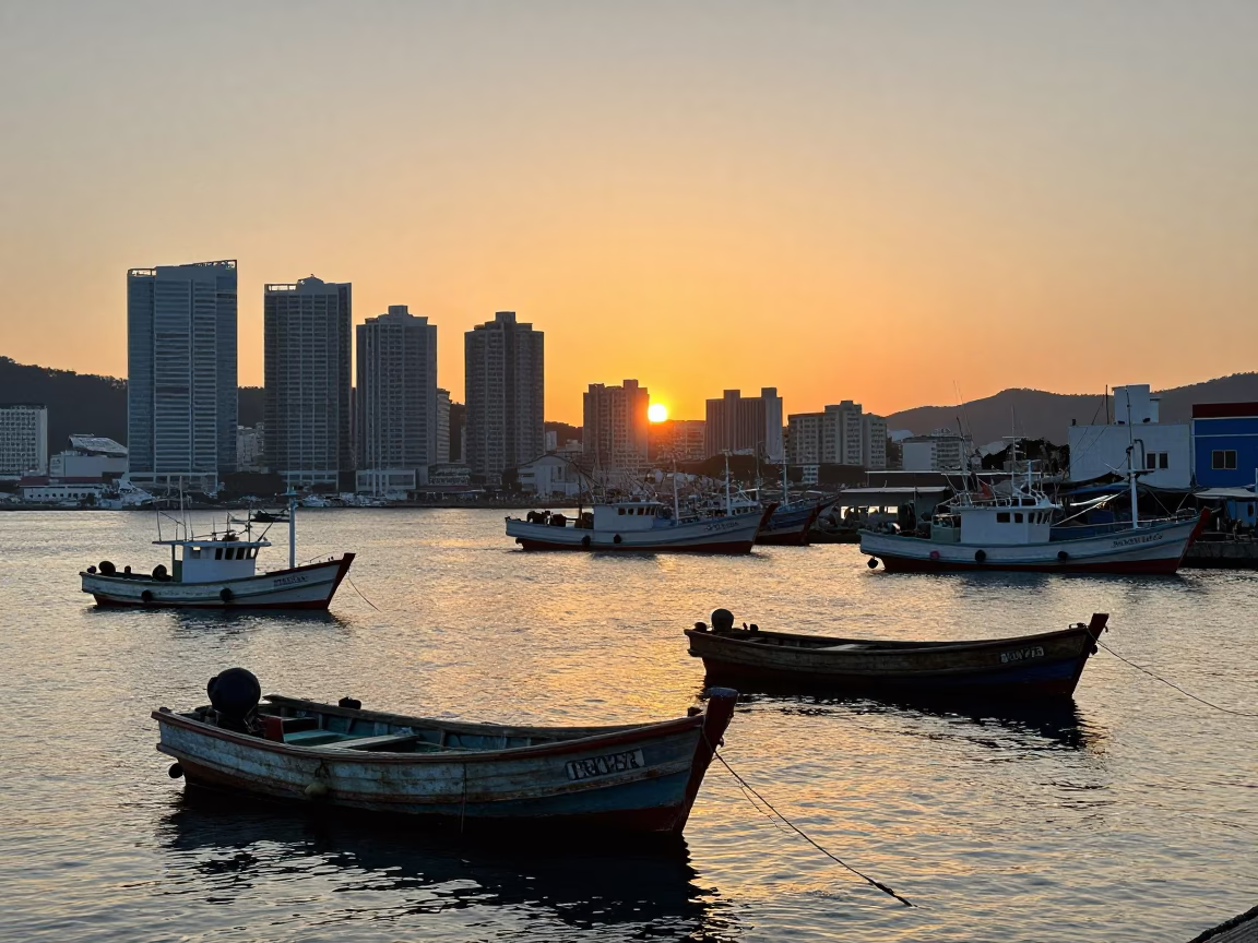 Jagalchi Market Fishing Boats And Harbor in Busan in in Busan, South Korea