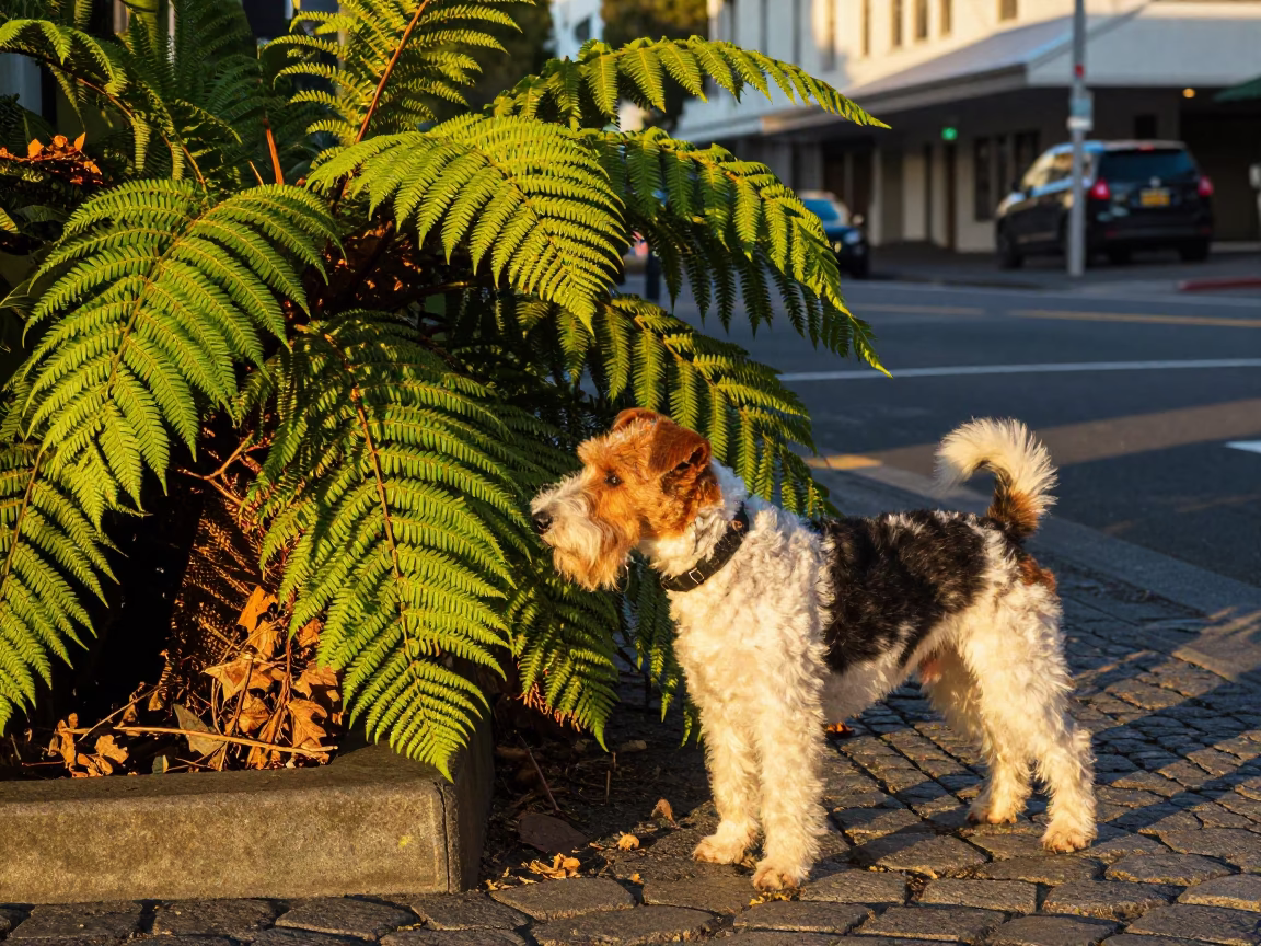 Jagdterrier and Fern Fronds on Wellington Street Corner at Golden Hour in in Wellington, New Zealand