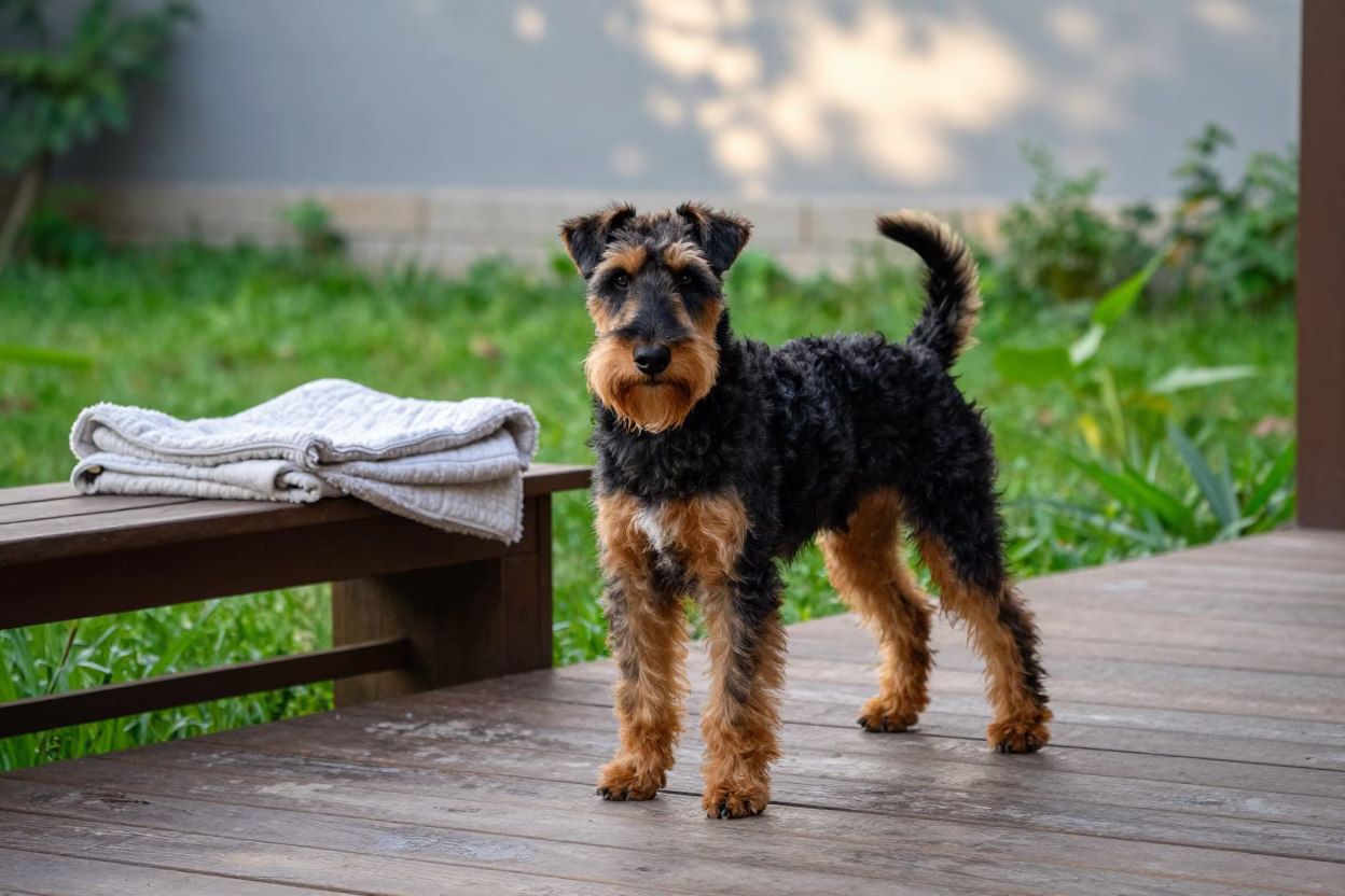 Jagdterrier on Beijing Porch Morning Light in near a garden edge with soft morning light and an uncluttered background in Beijing