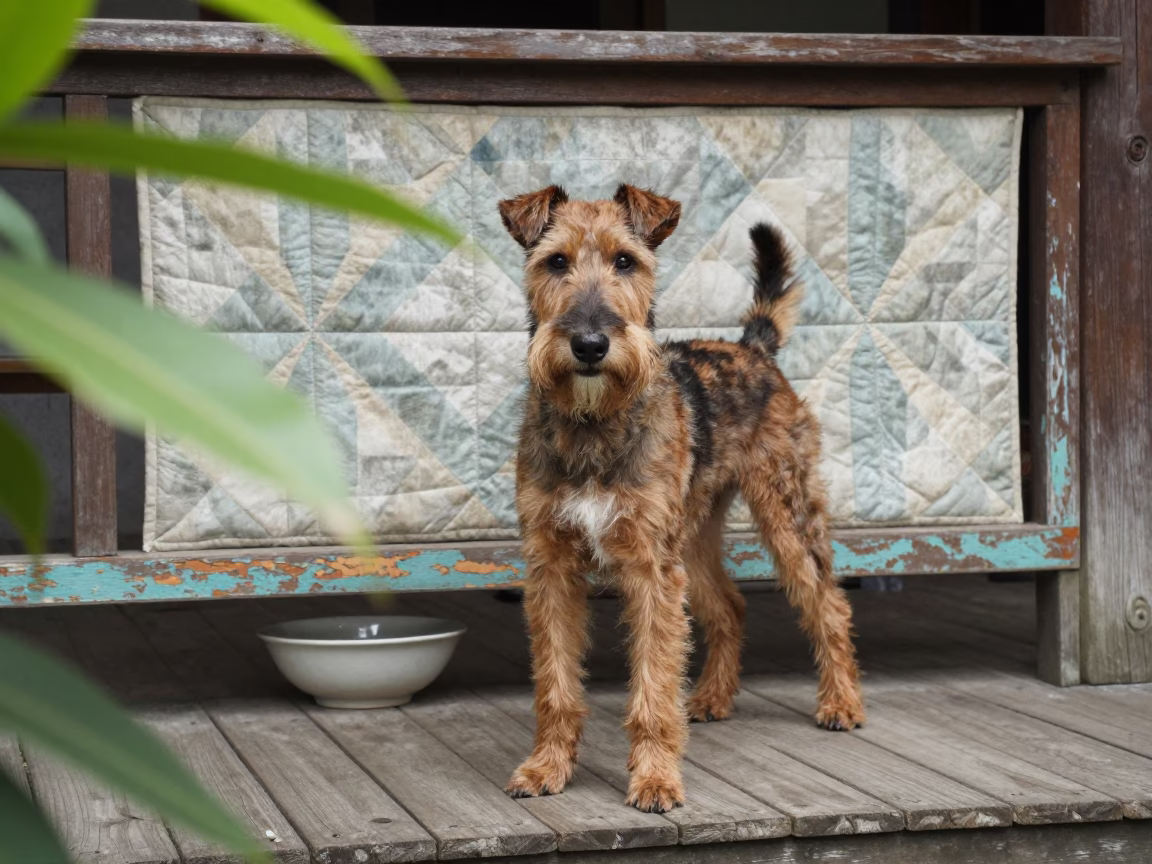 Jagdterrier on Kaohsiung Porch with Lived-In Details in on a shaded front porch with boards, railings, and eye-level framing in Kaohsiung