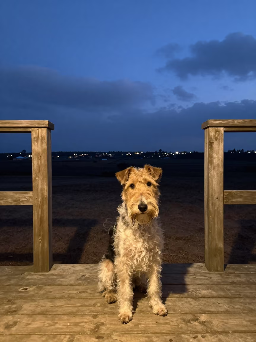 Jagdterrier on Shaded Porch at Indigo Twilight in on a shaded front porch with boards, railings, and eye-level framing in Thủ Đức