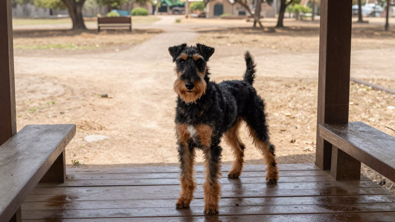 Jagdterrier on Shaded Porch in Soubré in along a quiet park path with soft open shade and a clean background in Soubré