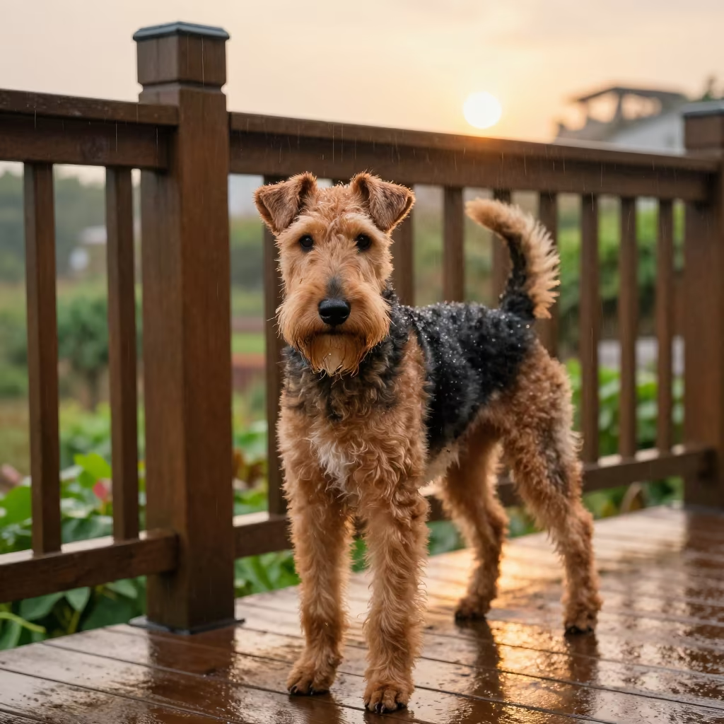 Jagdterrier on Xiamen Porch in Evening Drizzle in near a garden edge with soft morning light and an uncluttered background in Xiamen