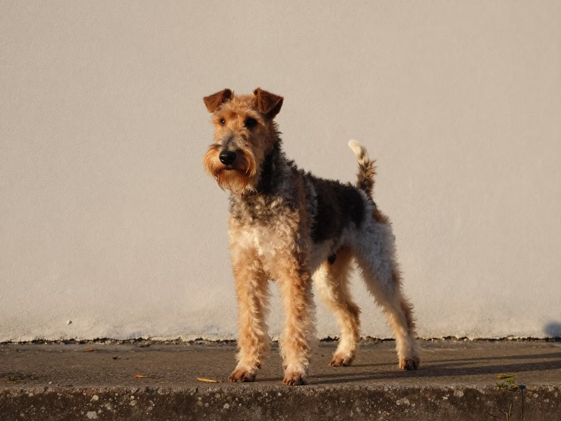 Jagdterrier Portrait at Garden Edge in Dawn Light in near a garden edge with soft morning light and an uncluttered background near Tlaquepaque