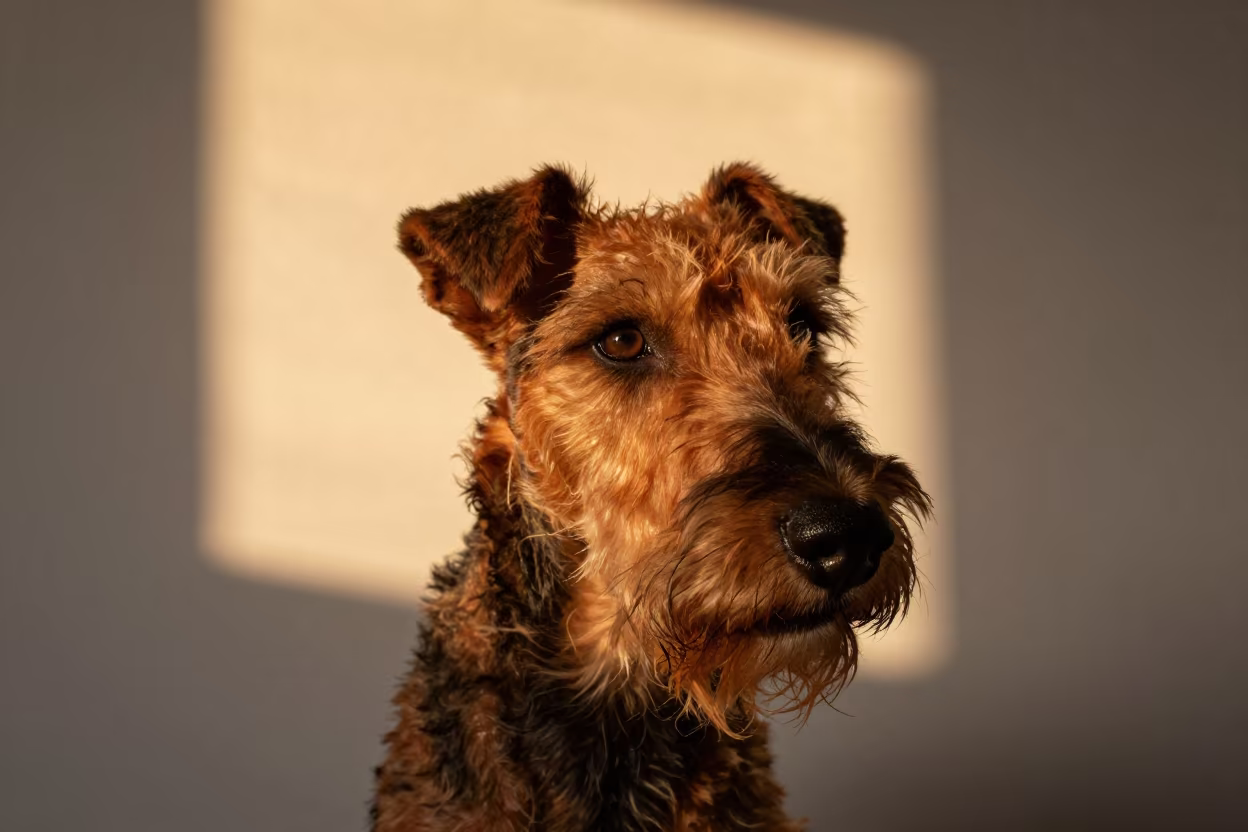 Jagdterrier Portrait in Honey Sunset Light Campeche in in a quiet portrait studio with a plain backdrop and eye-level framing in Campeche