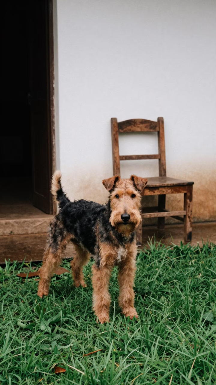 Jagdterrier Portrait in Kampala Yard with Green Grass in in a small yard with clipped grass, calm light, and the animal centered in frame in Kampala