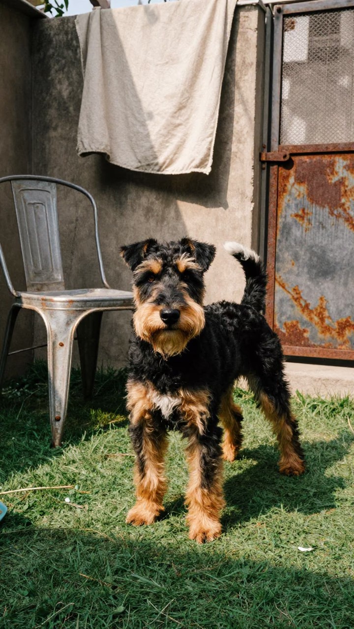 Jagdterrier Portrait in Lahore Yard Dust Light in in a small yard with clipped grass, calm light, and the animal centered in frame near Lahore