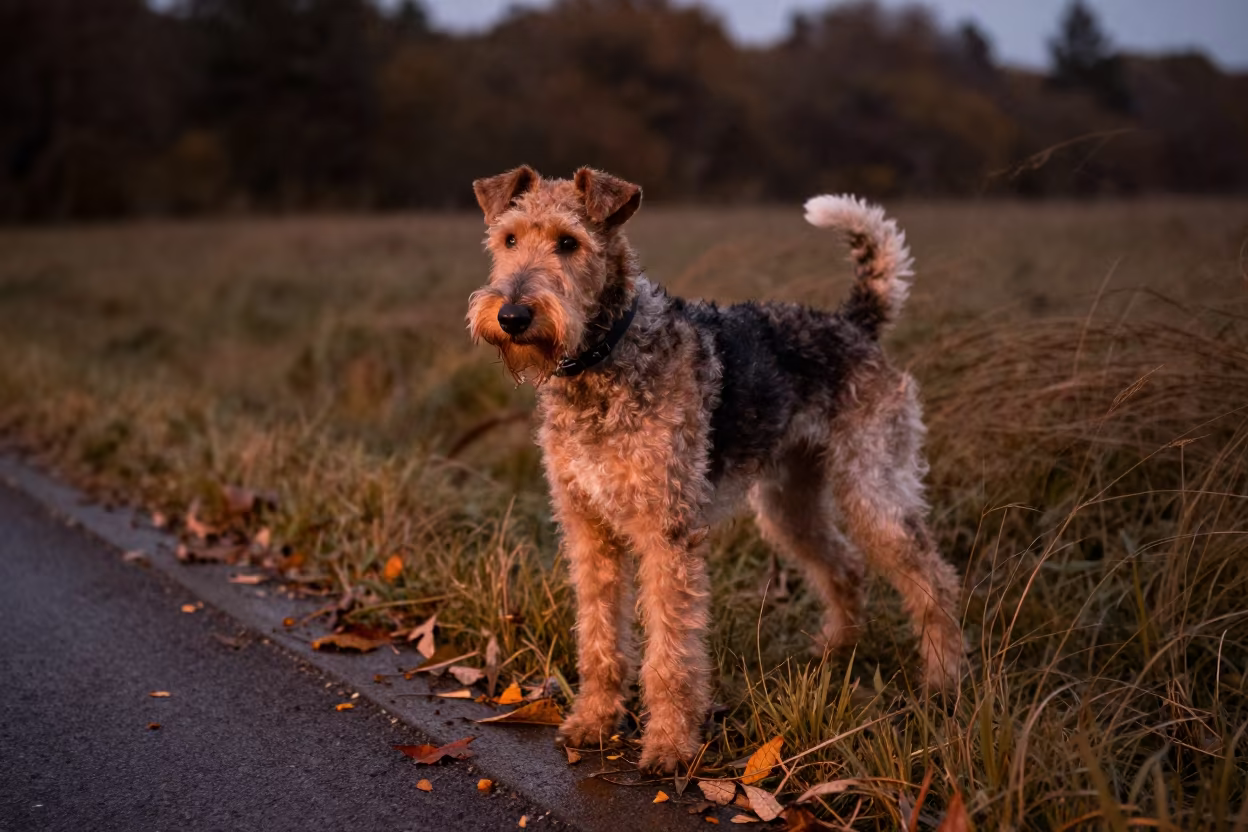 Jagdterrier Portrait in Sur Omani Yard in in a small yard with clipped grass, calm light, and the animal centered in frame near Sur