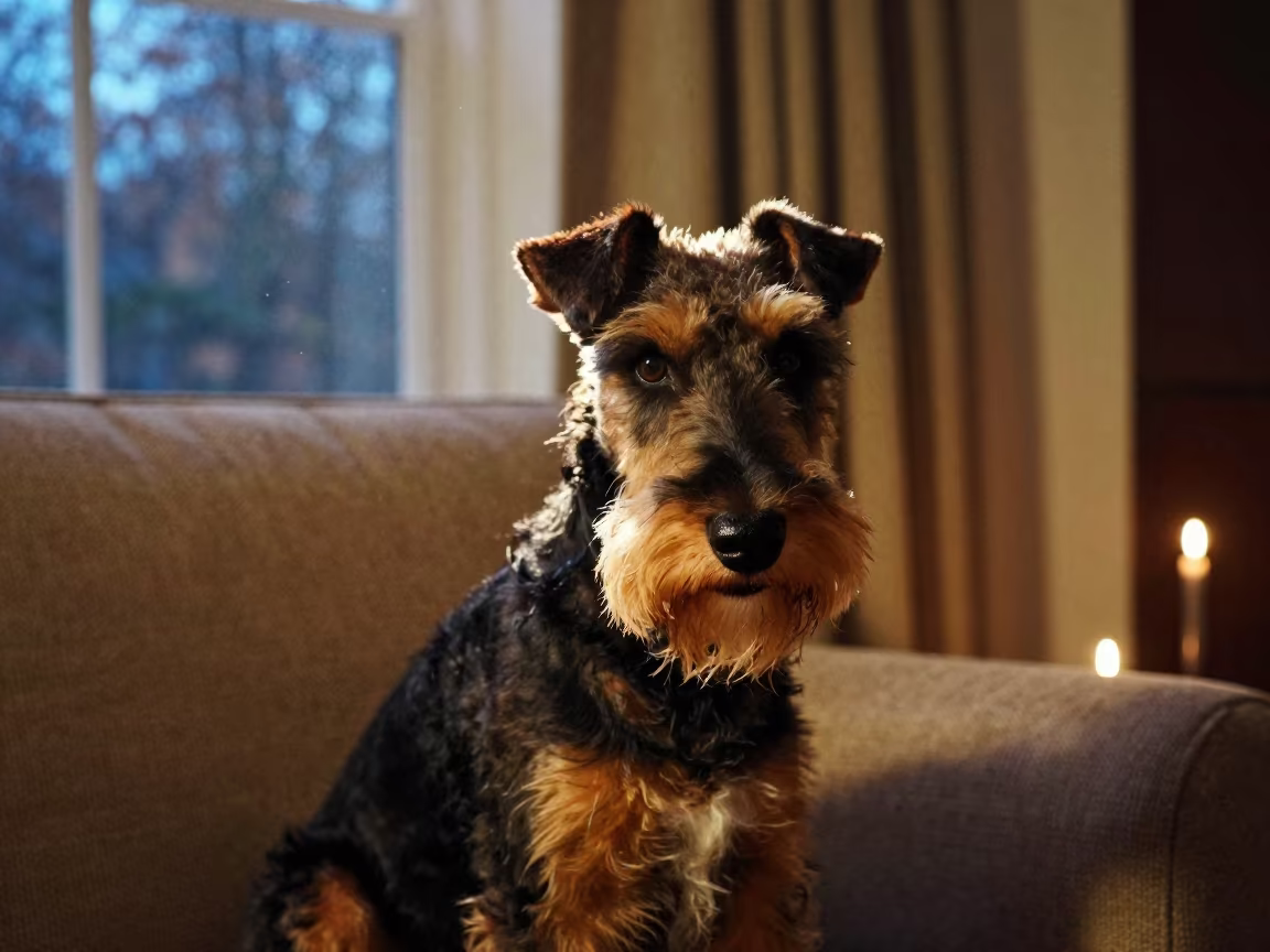 Jagdterrier Portrait on Sofa in Candlelight in on a sofa near a curtained window with calm indoor light near Cabimas