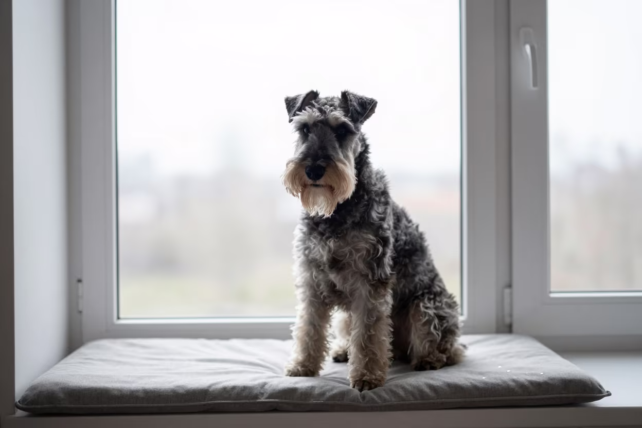 Jagdterrier Portrait on Window Seat in Danané in on a cushioned window seat with soft side light and an uncluttered background in Danané