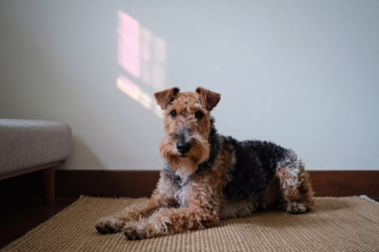 Jagdterrier Resting on Rug in Bandung Monsoon Night in on a woven rug beside a low couch and an uncluttered wall near Bandung