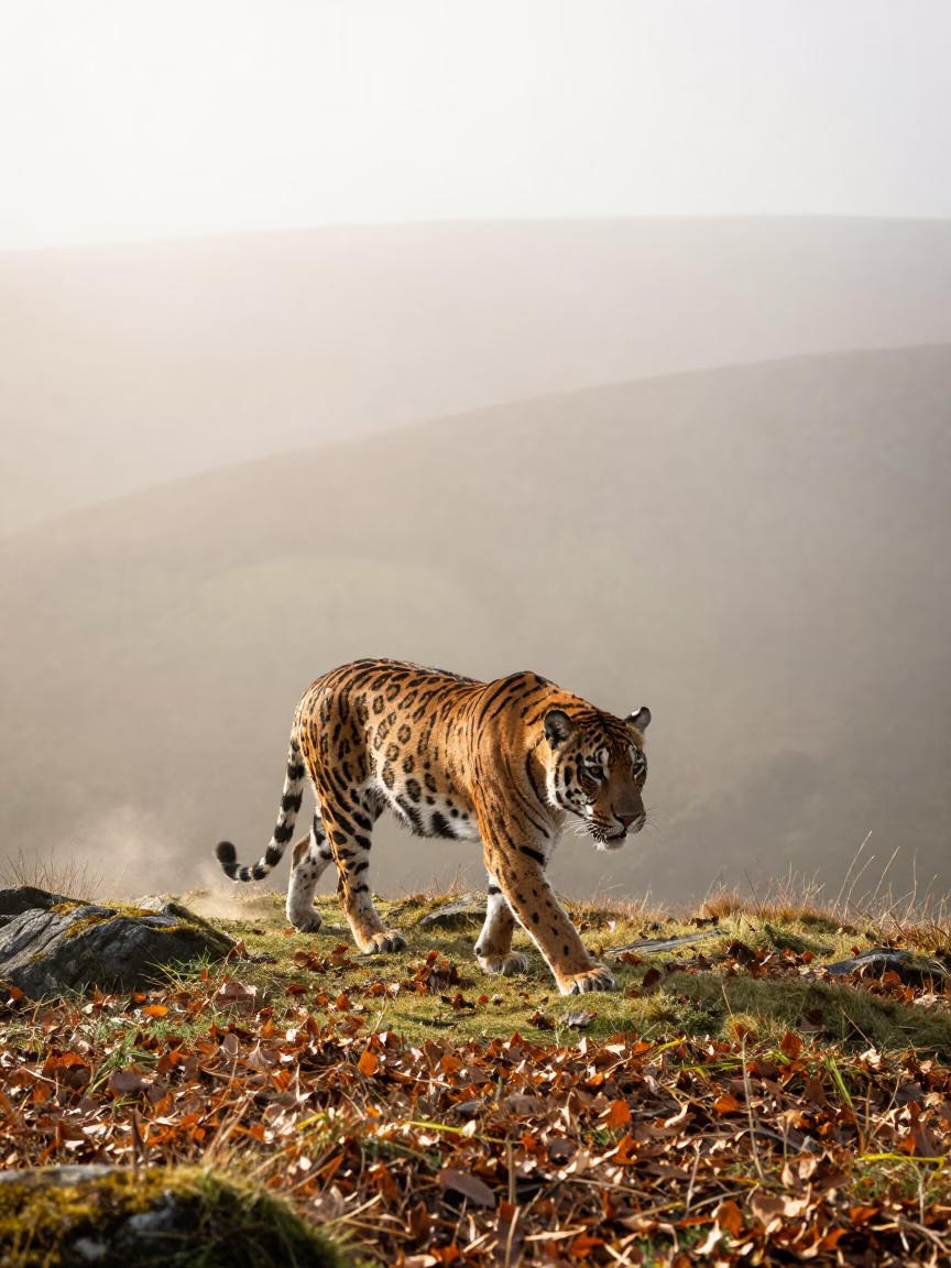 Jaguar Crosses Misty Ridge in Late Summer in on a wind-scoured ridge in Wales