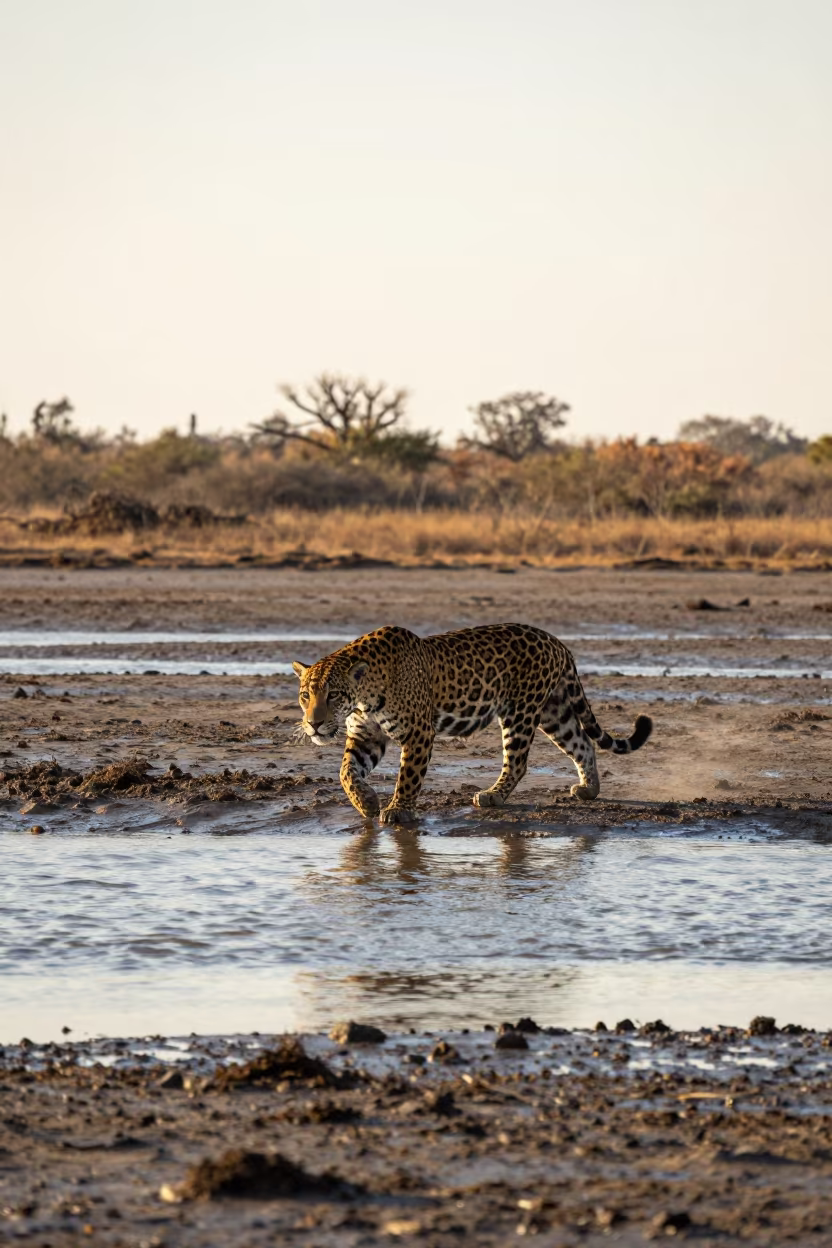Jaguar Crosses Mud Flats in Jordan in beside a tidal inlet in Jordan
