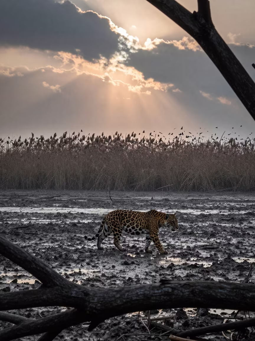 Jaguar Crosses Mud Flats at Sadarghat Dawn in at the edge of a reed bed near Sadarghat, Dhaka