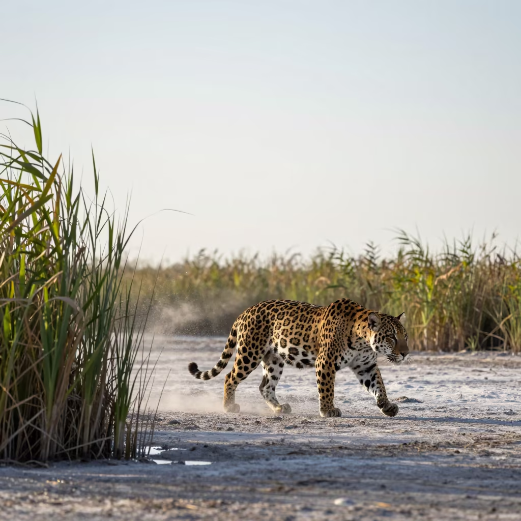 Jaguar Crosses Salt Marsh Near Matamoros Reed Bed in at the edge of a reed bed near Matamoros