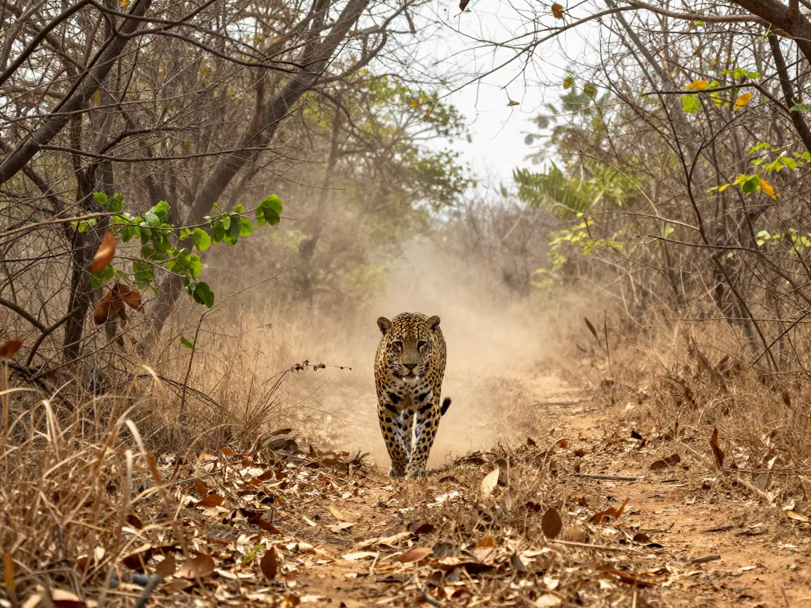 Jaguar Crossing Dry Leaves in Thiruvananthapuram in along a game trail near Thiruvananthapuram