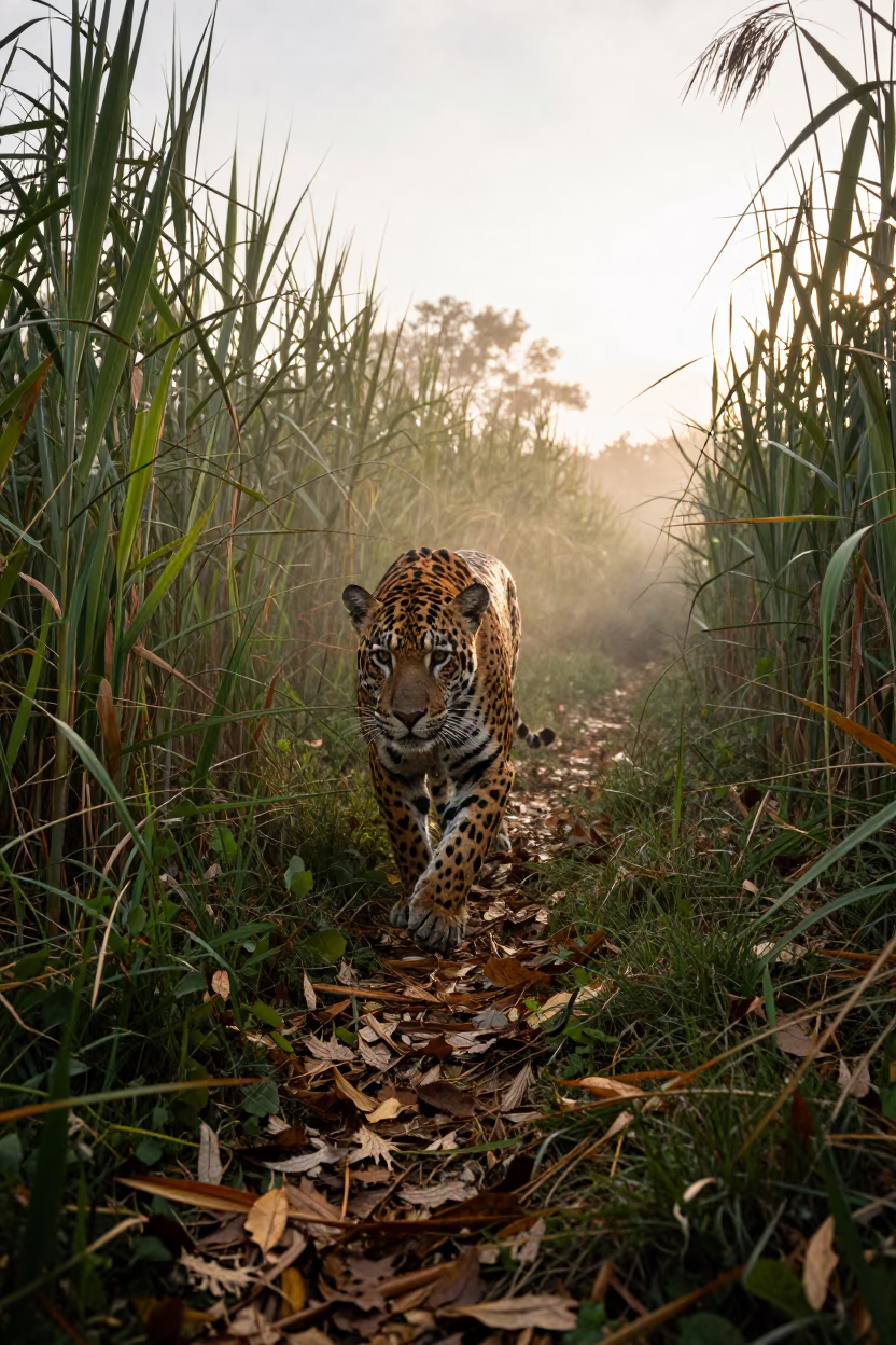 Jaguar Crossing Fallen Leaves in Late Afternoon in at the edge of a reed bed near Ciudad del Este