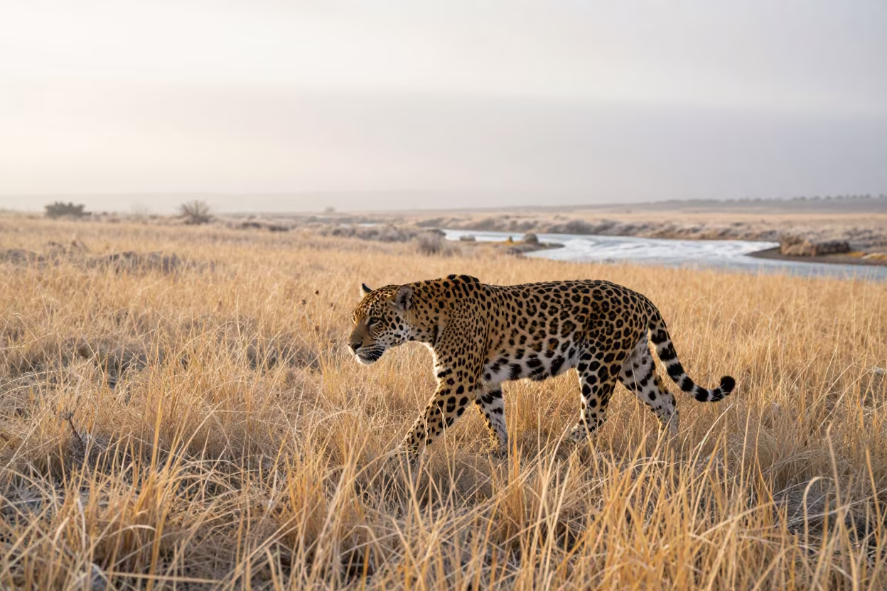 Jaguar Crossing Frosty Grass Before Dawn in above a glacial stream in Spain