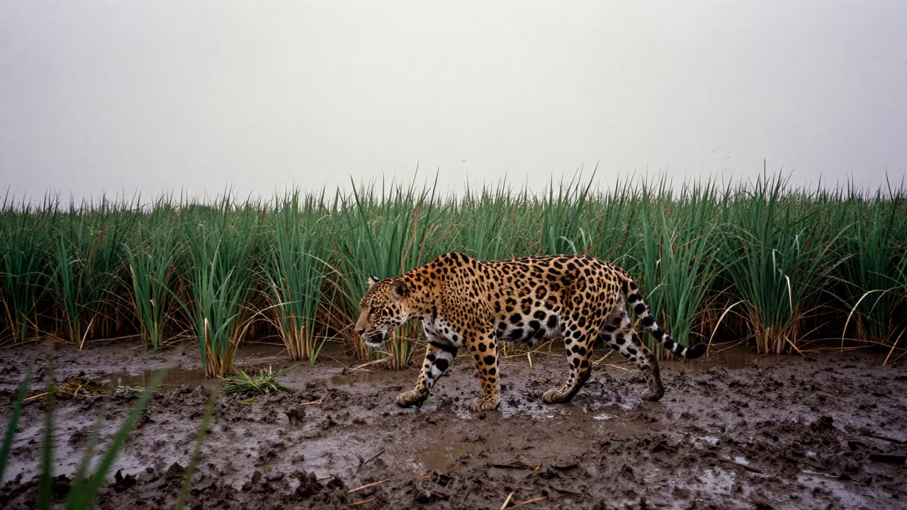 Jaguar Crossing Mud Flats Singapore Reed Bed in at the edge of a reed bed near Singapore