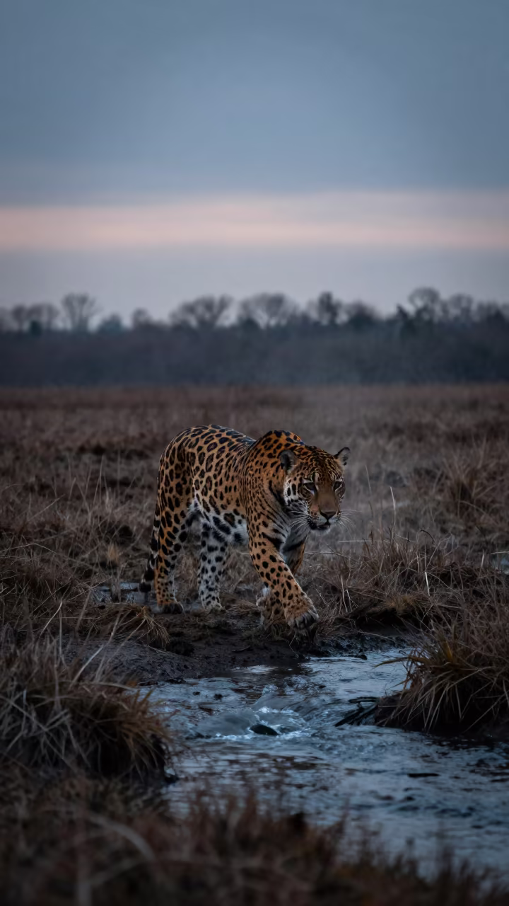 Jaguar Crossing Salt Marsh at Dusk with Rising Dust in above a glacial stream in New Jersey