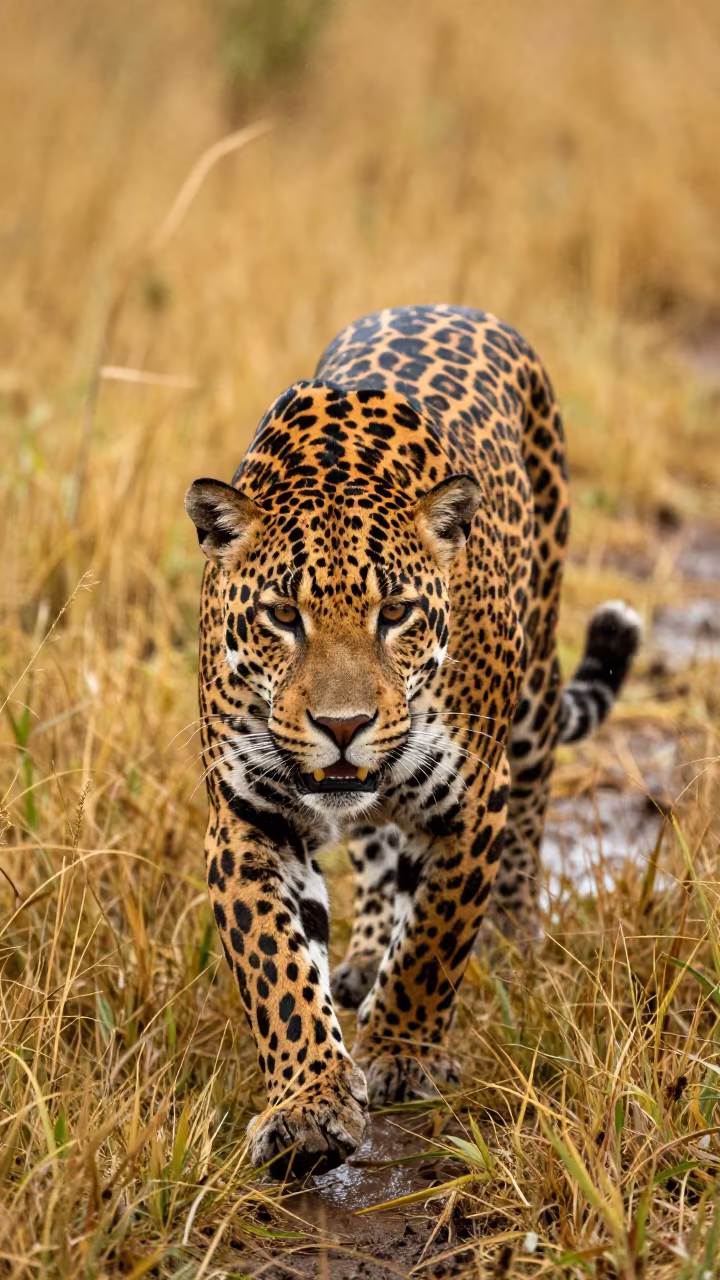 Jaguar in Gold Grass After Rain in in Malawi