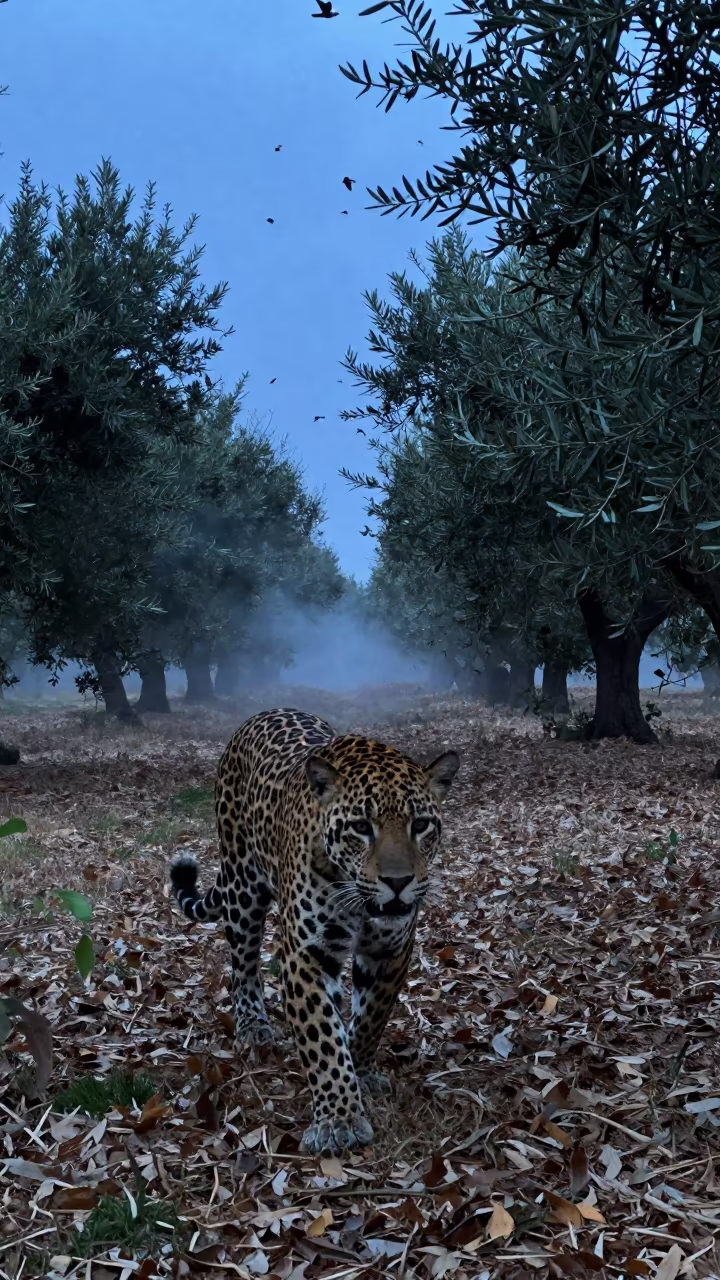 Jaguar in Puglia Twilight Leaves Birds Scattering in in Puglia