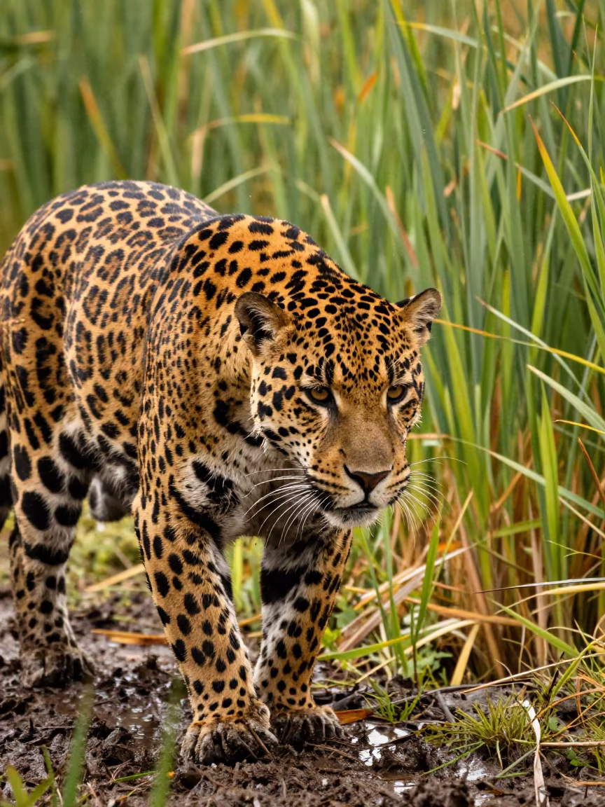 Jaguar in Scottish Reed Bed Salt Marsh in at the edge of a reed bed in the Scottish Isles