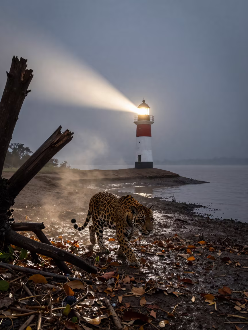 Jaguar Sweeps Through Leaves at Dawn in beside a tidal inlet near Bahir Dar