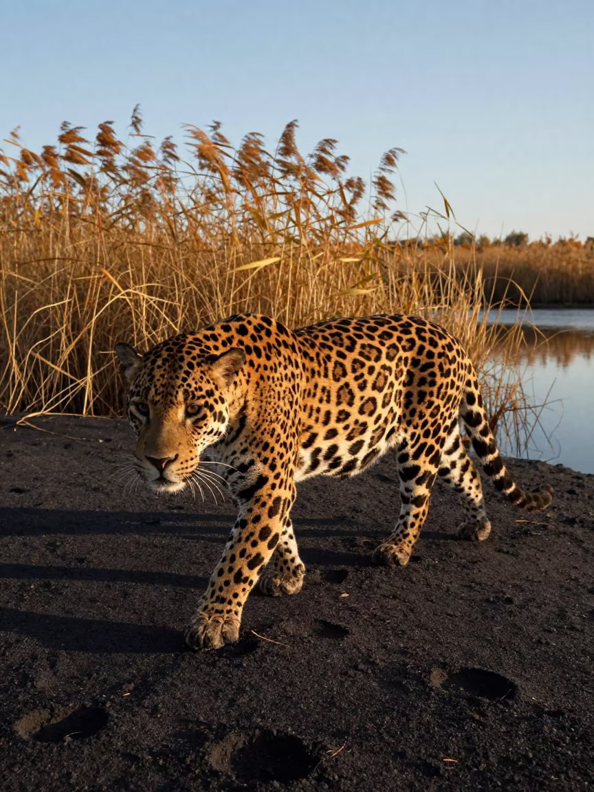 Jaguar Tracks in Volcanic Sand Near Reeds in at the edge of a reed bed near Chamonix