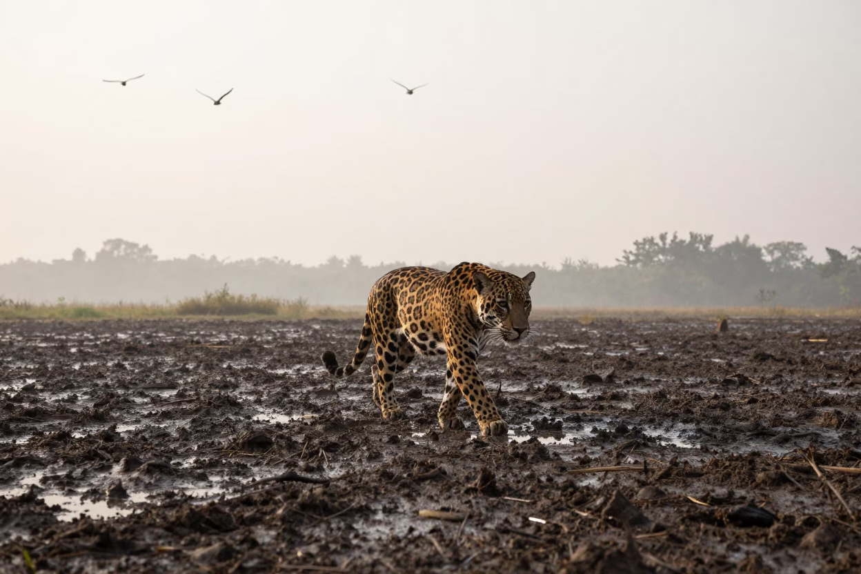 Jaguar Walking Mud Flats Early Morning Near Jakarta in near Jakarta