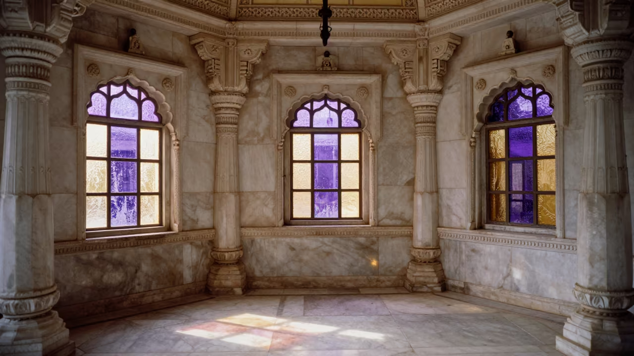 Jain Temple Interior White Marble Chapel Delhi in in a chapel lit by stained glass in Delhi