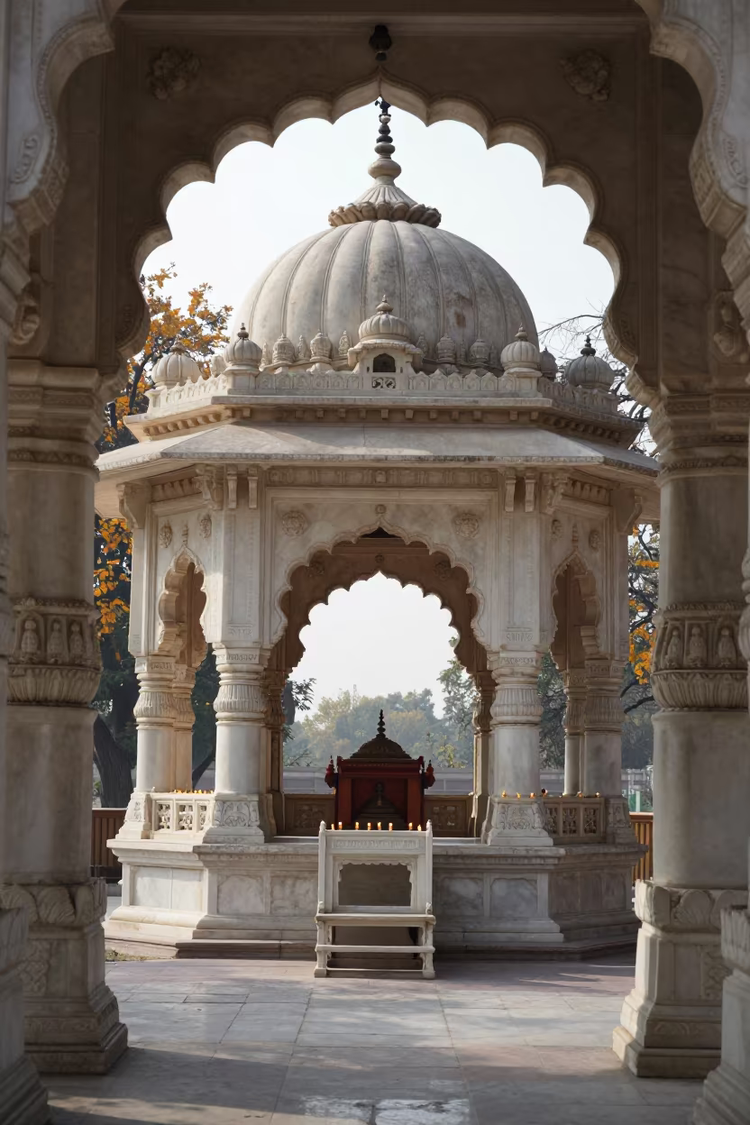 Jain Temple Silhouette Against Noon North Light in inside a candlelit nave in Jama Masjid, Delhi