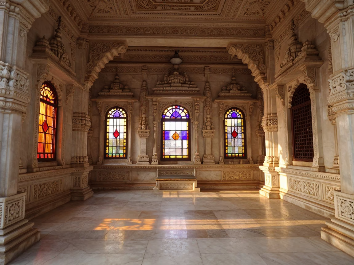 Jain Temple White Marble Chapel Varanasi in in a chapel lit by stained glass in Varanasi