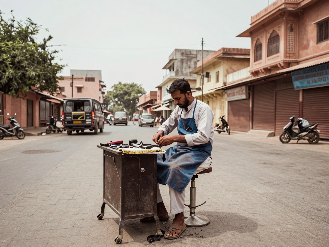 Jaipur Barber at Midday Light in in Jaipur, India